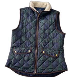 British Khaki Plaid Quilted Zip Vest Blue Green Women's L fur collar snap pocket